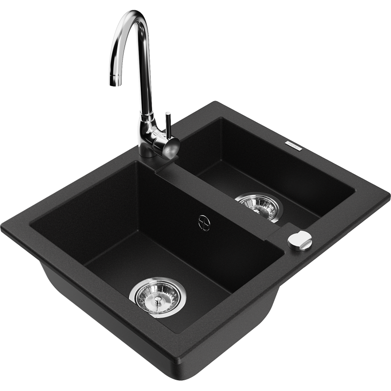 Mexen Carlos granite sink 1.5-bowl with Telma kitchen tap, black - 6518-77-670200-00