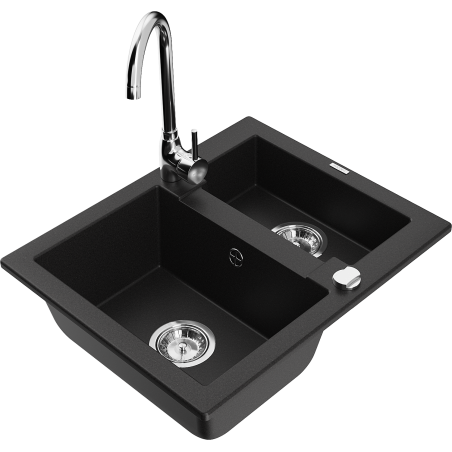 Mexen Carlos 1,5-compartment granite sink with a kitchen mixer tap Telma, Black - 6518-77-670200-00