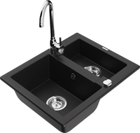 Mexen Carlos 1,5-compartment granite sink with a kitchen mixer tap Telma, Black - 6518-77-670200-00