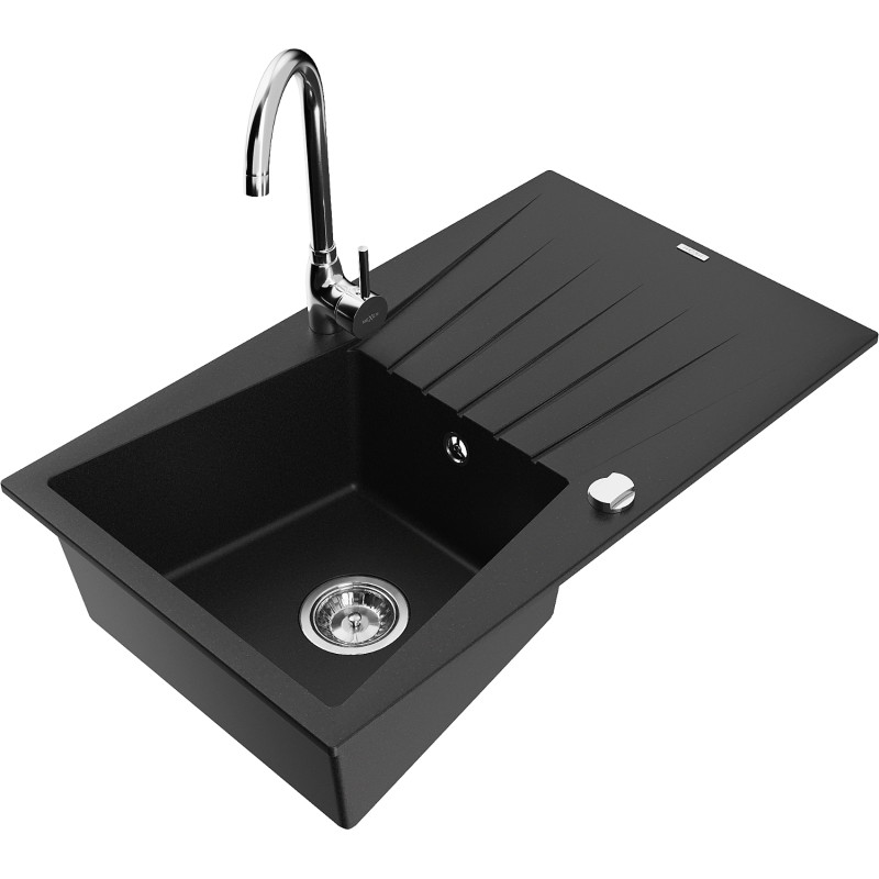 Mexen Cesar granite kitchen sink 1-bowl with drainer and kitchen faucet Telma, black - 6514-77-670200-00