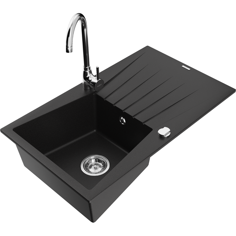 Mexen Cesar granite sink 1-bowl with drainer and Telma kitchen tap, black - 6514-77-670200-00