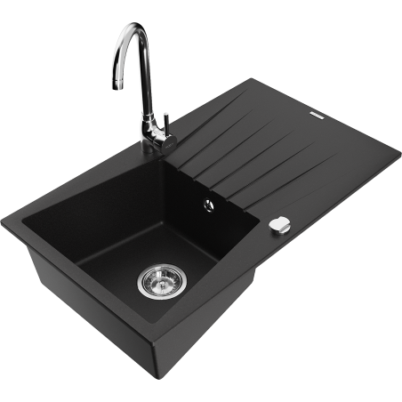 Mexen Cesar granite sink 1-bowl with drainer and Telma kitchen tap, black - 6514-77-670200-00