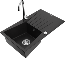 Mexen Cesar granite kitchen sink 1-bowl with drainer and kitchen faucet Telma, black - 6514-77-670200-00