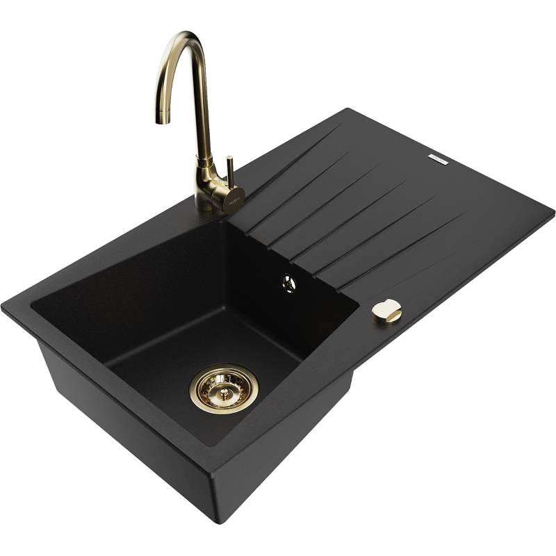Mexen Cesar 1-compartment granite sink with a drip tray and kitchen mixer tap Telma, Black - 6514-77-670200-50