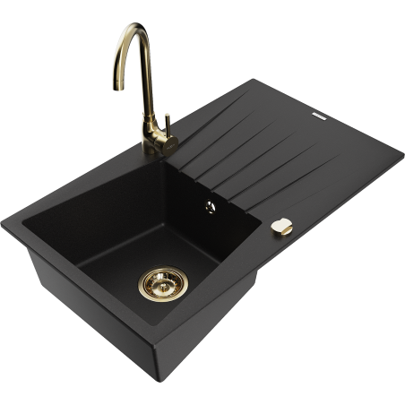 Mexen Cesar 1-Bowl Granite Sink with Drainer and Telma Kitchen Tap, Black - 6514-77-670200-50