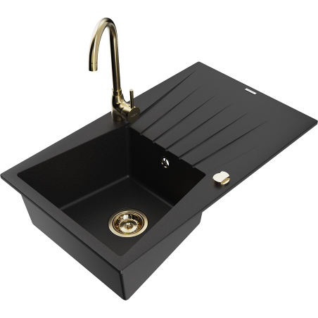 Mexen Cesar granite kitchen sink 1-bowl with drainer and Telma kitchen faucet, black - 6514-77-670200-50