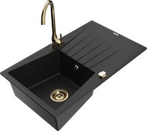 Mexen Cesar 1-Bowl Granite Sink with Drainer and Telma Kitchen Tap, Black - 6514-77-670200-50