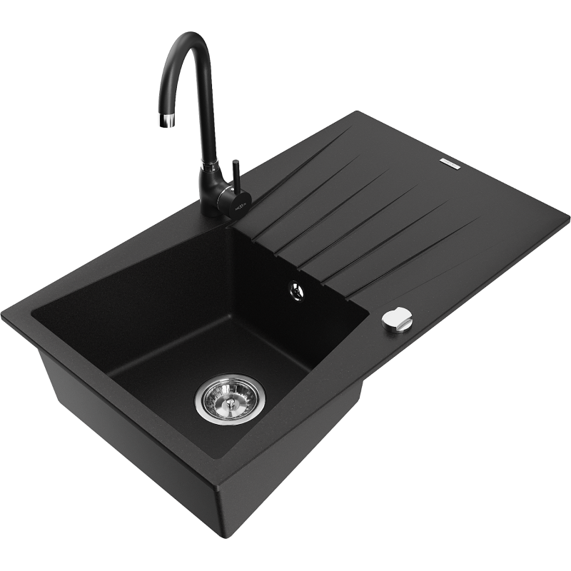 Mexen Cesar 1-compartment granite sink with a drip tray and kitchen mixer tap Telma, Black - 6514-77-670200-70