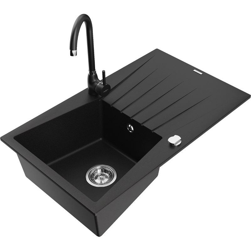 Mexen Cesar granite kitchen sink 1-bowl with drainer and Telma kitchen faucet, black - 6514-77-670200-70