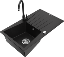 Mexen Cesar granite kitchen sink 1-bowl with drainer and Telma kitchen faucet, black - 6514-77-670200-70