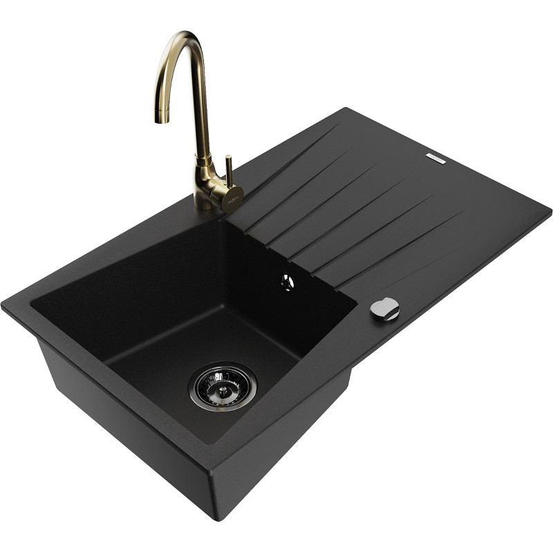 Mexen Cesar 1-bowl granite sink with drainer and Telma kitchen faucet, black - 6514-77-670200-50-B