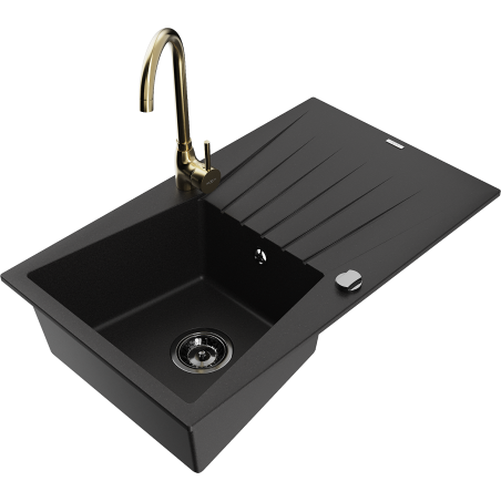 Mexen Cesar granite kitchen sink 1-bowl with drainer and Telma kitchen faucet, black - 6514-77-670200-50-B