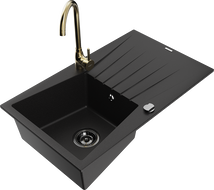 Mexen Cesar granite sink, 1-bowl with drainer and Telma kitchen tap, black - 6514-77-670200-50-B