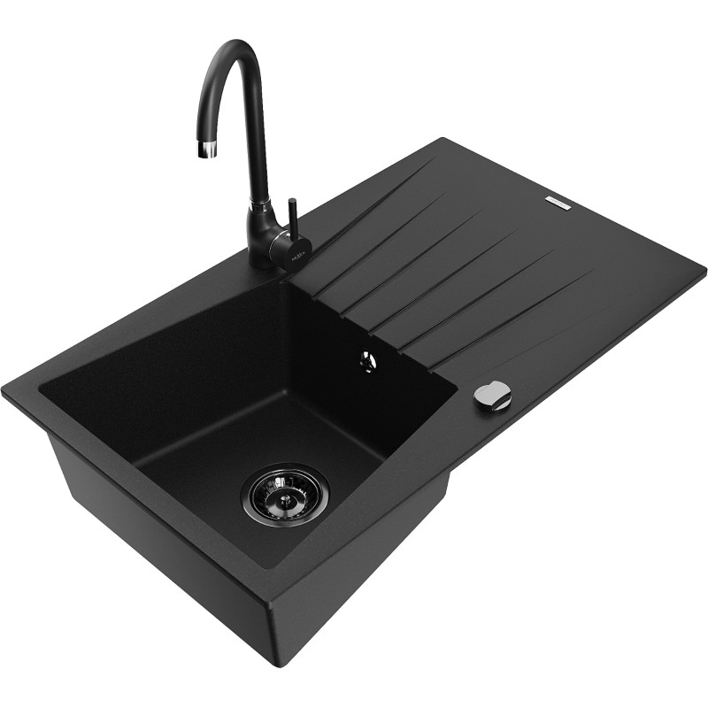 Mexen Cesar 1-bowl granite sink with drainer and Telma kitchen faucet, black - 6514-77-670200-70-B