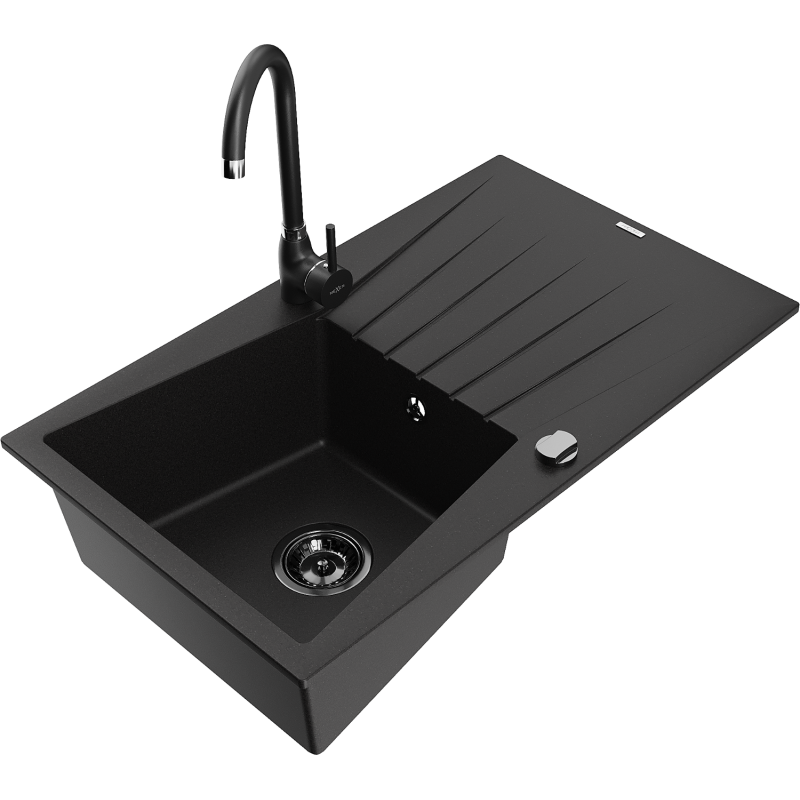 Mexen Cesar 1-compartment granite sink with a drip tray and kitchen mixer tap Telma, Black - 6514-77-670200-70-B