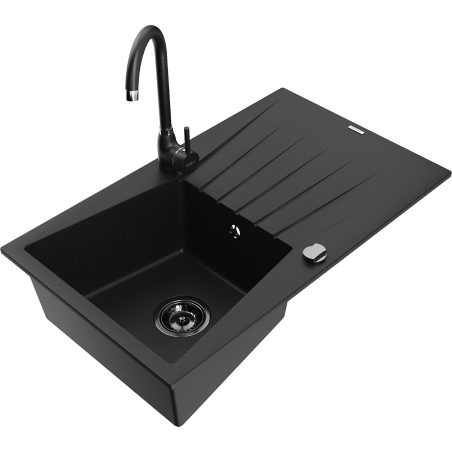 Mexen Cesar 1-bowl granite sink with drainer and Telma kitchen faucet, black - 6514-77-670200-70-B