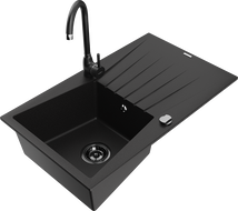 Mexen Cesar 1-bowl granite sink with drainer and Telma kitchen faucet, black - 6514-77-670200-70-B