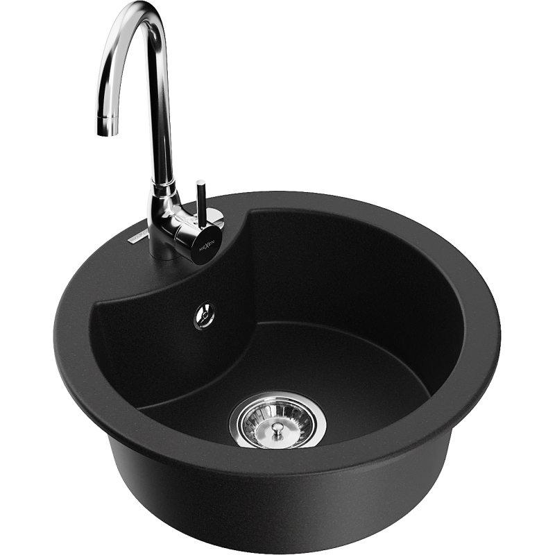 Mexen Diego 1-compartment granite sink with kitchen mixer tap Telma, Black - 6512-77-670200-00