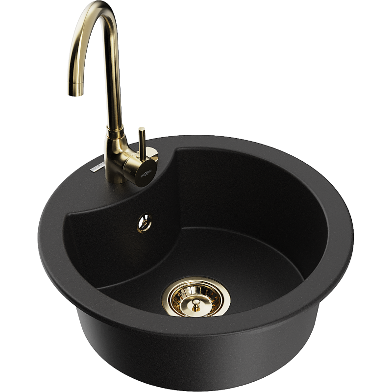 Mexen Diego granite kitchen sink 1-bowl with Telma kitchen faucet, black - 6512-77-670200-50