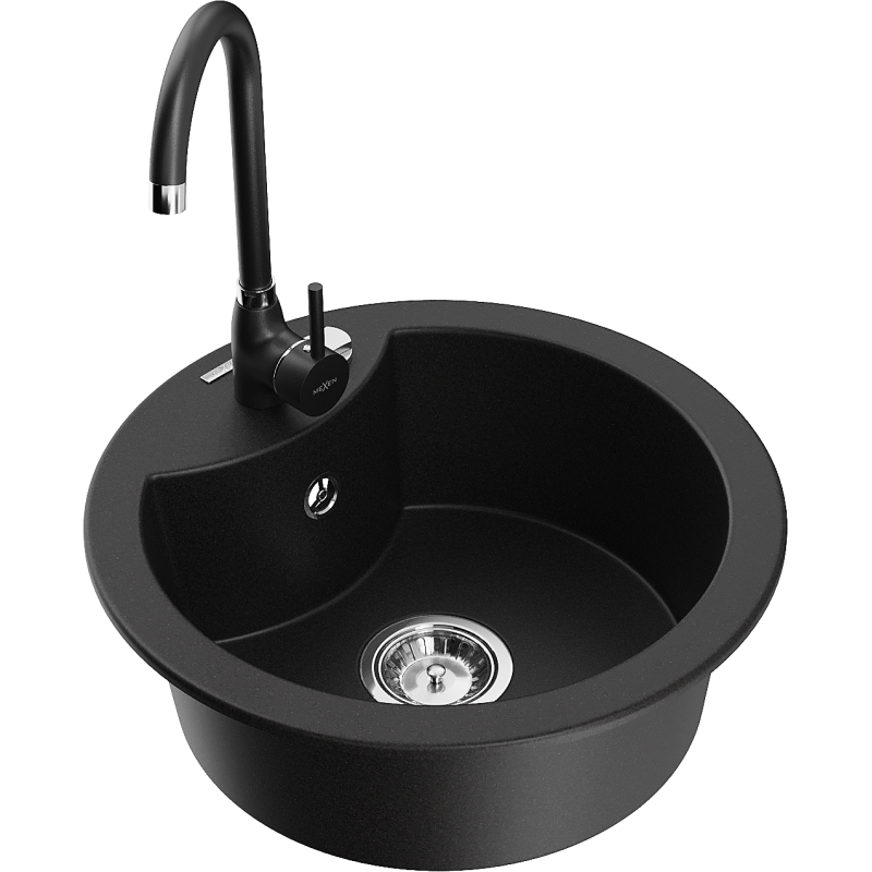 Mexen Diego granite sink 1-bowl with Telma kitchen tap, black - 6512-77-670200-70