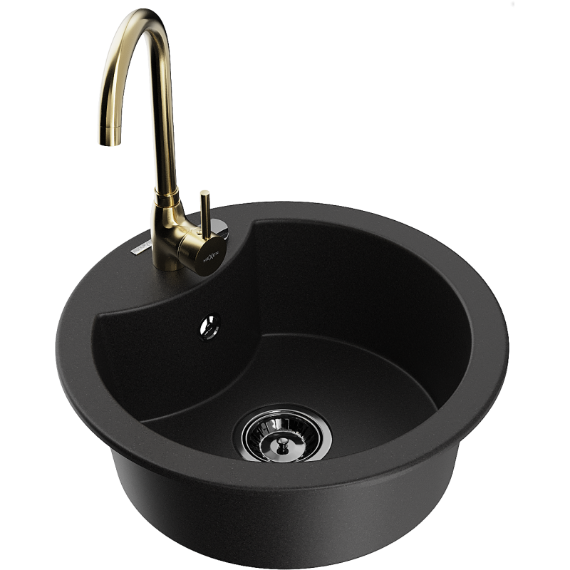 Mexen Diego 1-compartment granite sink with a kitchen mixer tap Telma, Black - 6512-77-670200-50-B