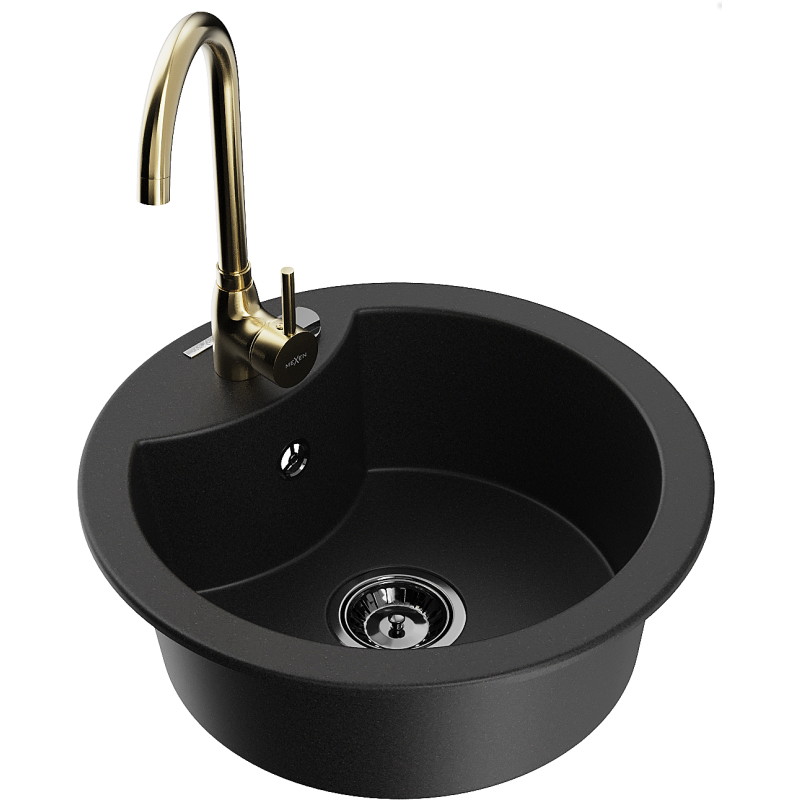 Mexen Diego granite kitchen sink 1-bowl with Telma kitchen faucet, black - 6512-77-670200-50-B