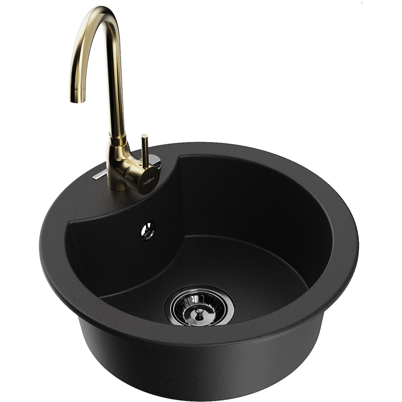 Mexen Diego granite sink 1-chamber with Telma kitchen tap, black - 6512-77-670200-50-B