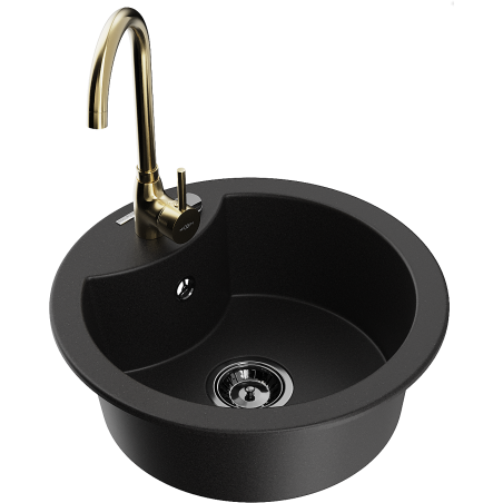 Mexen Diego granite kitchen sink 1-bowl with Telma kitchen faucet, black - 6512-77-670200-50-B