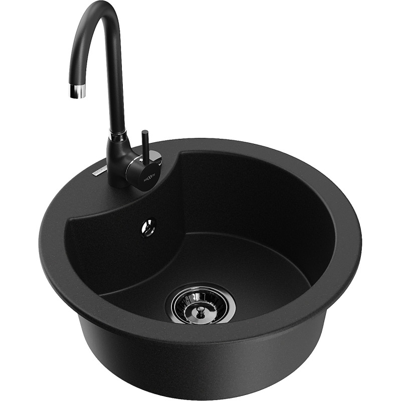 Mexen Diego 1-bowl granite sink with Telma kitchen faucet, black - 6512-77-670200-70-B