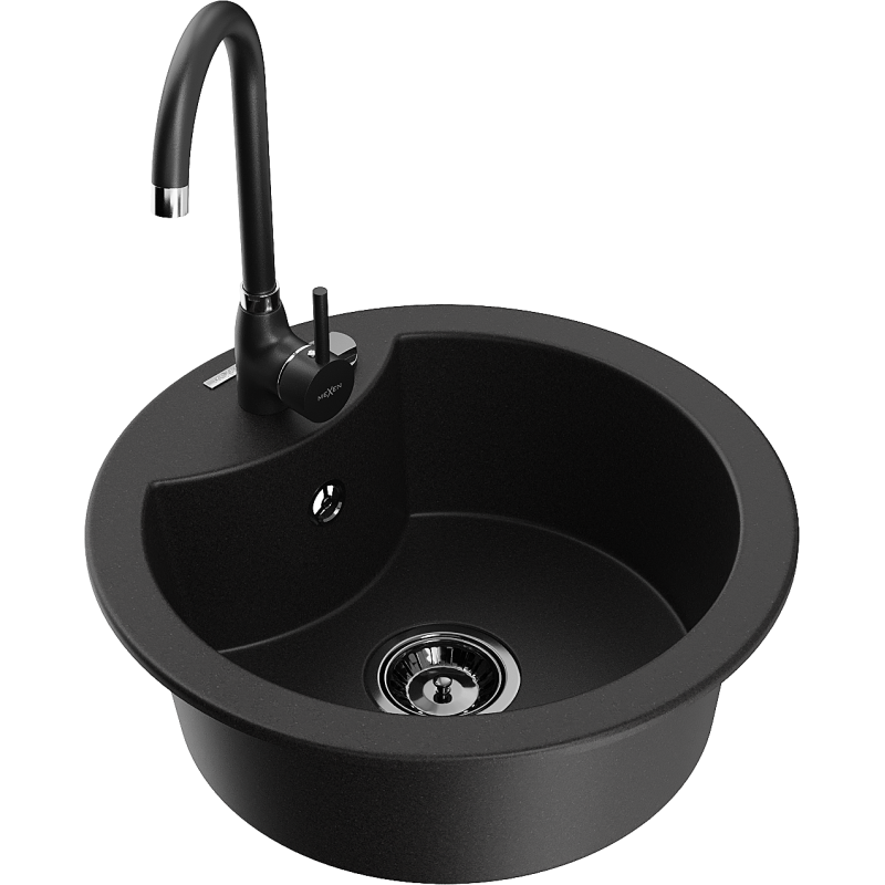 Mexen Diego granite 1-bowl kitchen sink with Telma tap, black - 6512-77-670200-70-B