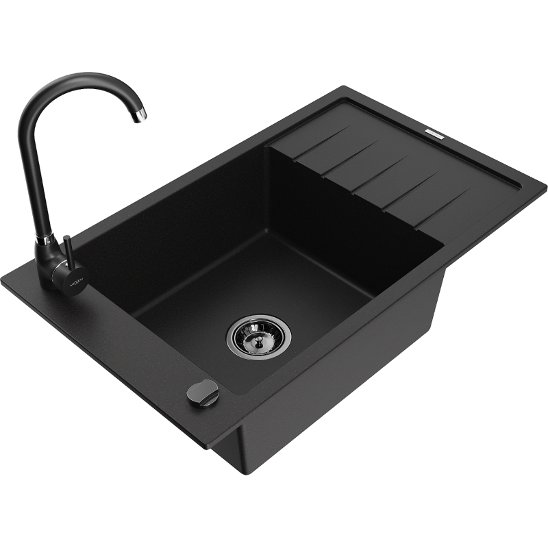 Mexen Elias 1-compartment granite sink with a drip tray and kitchen mixer tap Telma, Black - 6511-77-670200-70-B