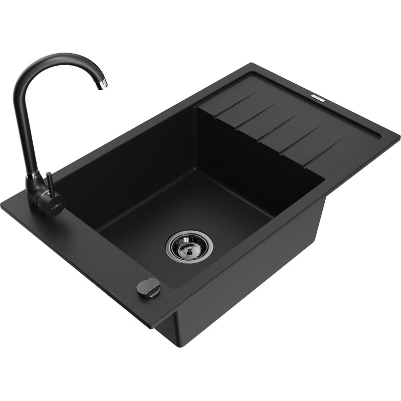Mexen Elias granite kitchen sink 1-bowl with drainer and Telma kitchen faucet, black - 6511-77-670200-70-B