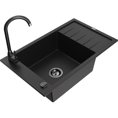 Mexen Elias granite kitchen sink 1-bowl with drainer and Telma kitchen faucet, black - 6511-77-670200-70-B
