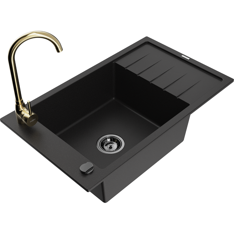 Mexen Elias 1-compartment granite sink with a drip tray and kitchen mixer tap Telma, Black - 6511-77-670200-50-B