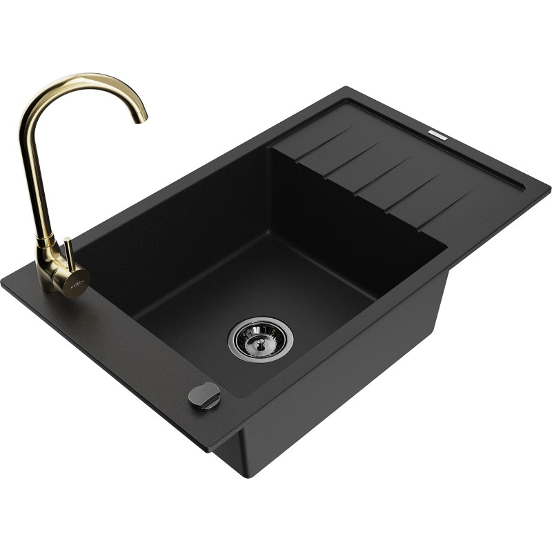 Mexen Elias granite sink 1-bowl with drainer and Telma kitchen faucet, black - 6511-77-670200-50-B