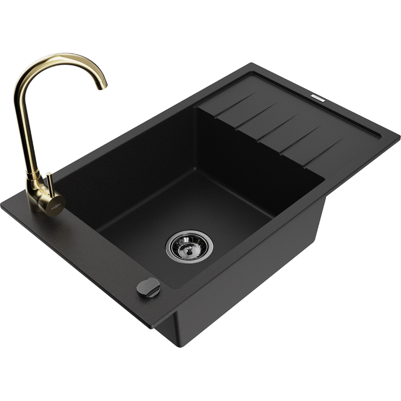 Mexen Elias granite sink 1-chamber with drainer and Telma kitchen tap, black - 6511-77-670200-50-B