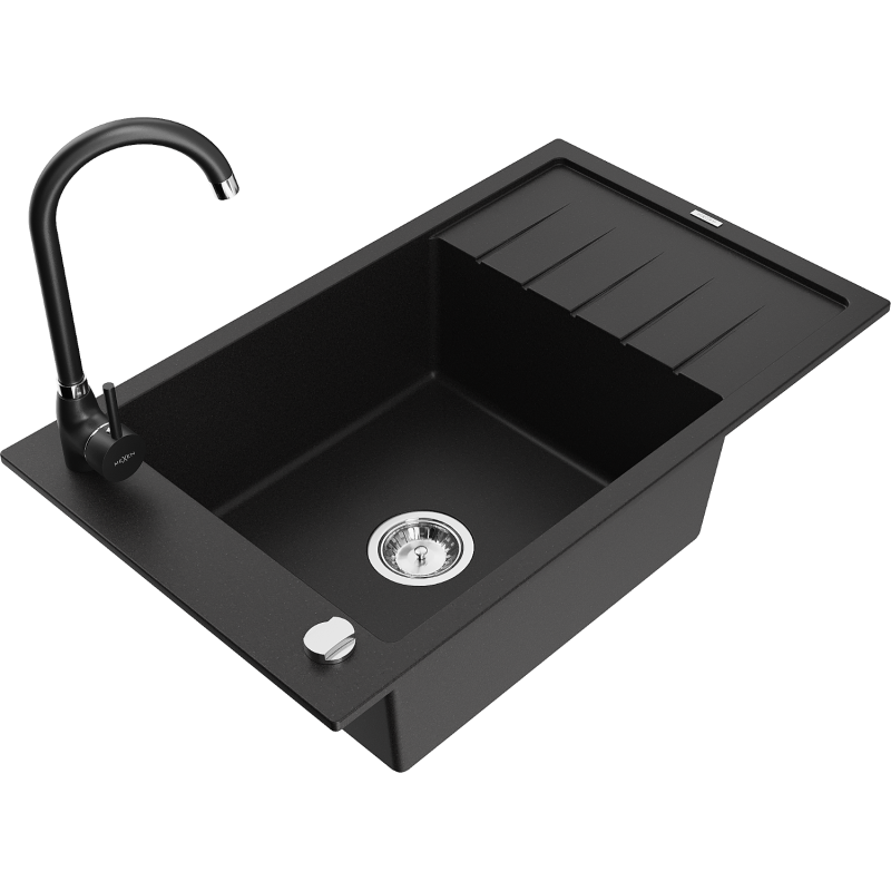 Mexen Elias 1-compartment granite sink with a drip tray and kitchen mixer tap Telma, Black - 6511-77-670200-70