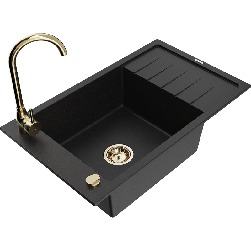 Mexen Elias granite kitchen sink 1-bowl with drainer and Telma kitchen faucet, black - 6511-77-670200-50
