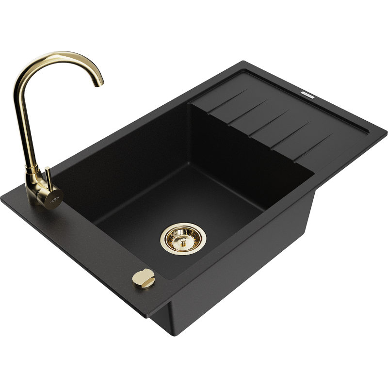 Mexen Elias granite sink 1-bowl with drainer and Telma kitchen tap, black - 6511-77-670200-50