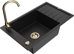 Mexen Elias granite kitchen sink 1-bowl with drainer and Telma kitchen faucet, black - 6511-77-670200-50