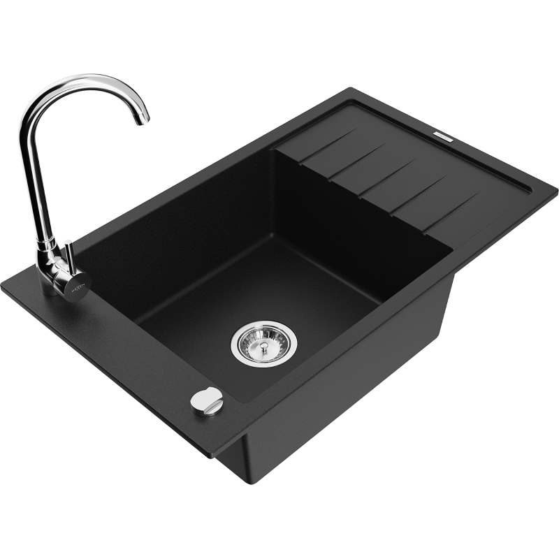 Mexen Elias granite kitchen sink 1-bowl with drainer and Telma kitchen faucet, black - 6511-77-670200-00