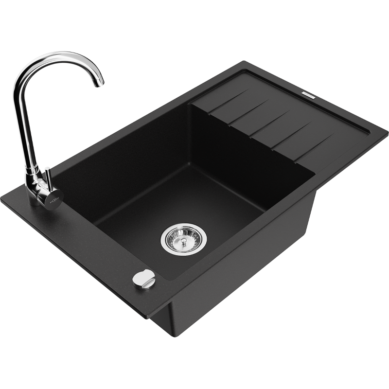 Mexen Elias granite kitchen sink 1-bowl with drainer and Telma kitchen tap, black - 6511-77-670200-00