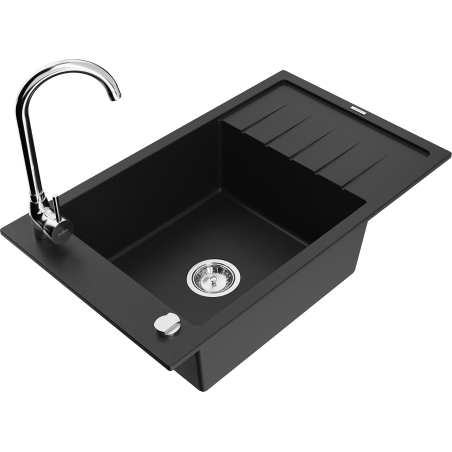 Mexen Elias granite kitchen sink 1-bowl with drainer and Telma kitchen tap, black - 6511-77-670200-00