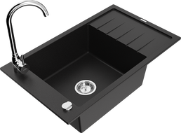 Mexen Elias granite kitchen sink 1-bowl with drainer and Telma kitchen tap, black - 6511-77-670200-00