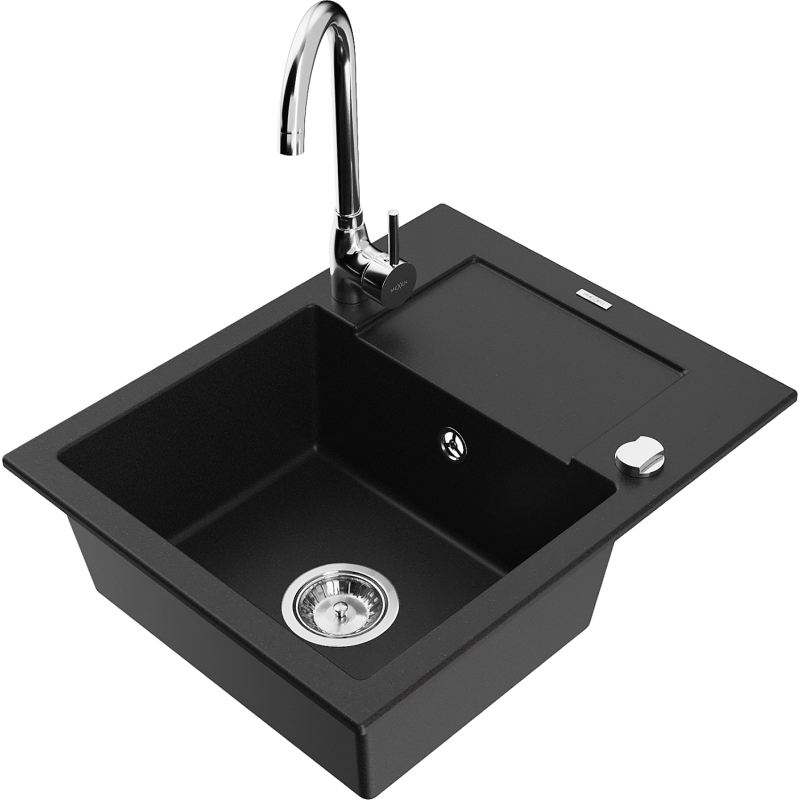 Mexen Enzo 1-bowl granite sink with drainer and Telma kitchen faucet, black - 6506-77-670200-00