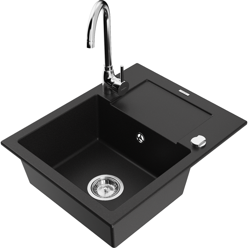Mexen Enzo granite sink 1-bowl with drainer and Telma kitchen tap, black - 6506-77-670200-00
