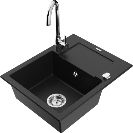 Mexen Enzo 1-bowl granite sink with drainer and Telma kitchen faucet, black - 6506-77-670200-00