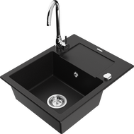 Mexen Enzo 1-bowl granite sink with drainer and Telma kitchen faucet, black - 6506-77-670200-00