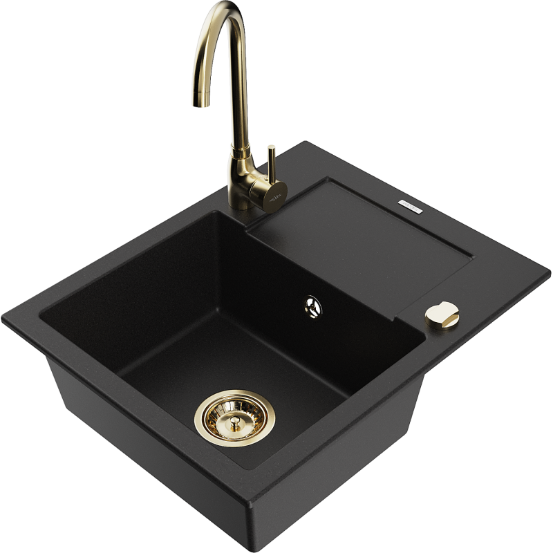 Mexen Enzo 1-bowl granite kitchen sink with drainer and Telma kitchen tap, black - 6506-77-670200-50