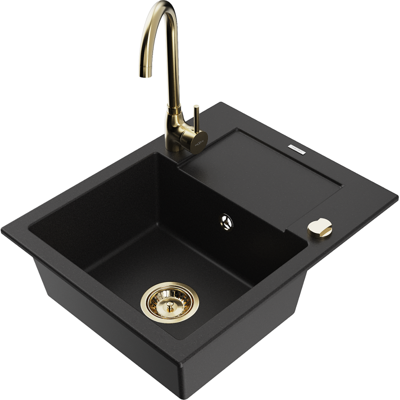 Mexen Enzo 1-compartment granite sink with a drip tray and kitchen mixer tap Telma, Black - 6506-77-670200-50